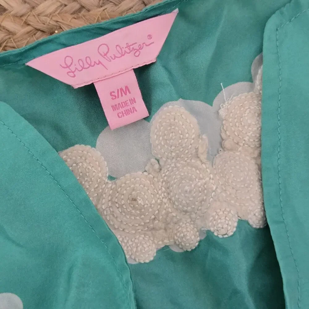 Lilly Pulitzer Size S/M Over sized Silk Blouse with‎ Drawstrings Green Kaftan